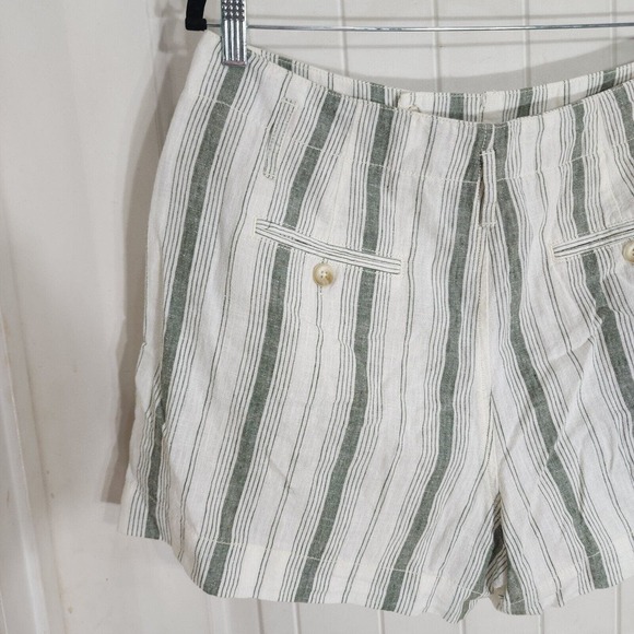 by Anthropologie Shorts Womens 12 White Green Stripe Pokets Linen Blend Beachy - Picture 6 of 10